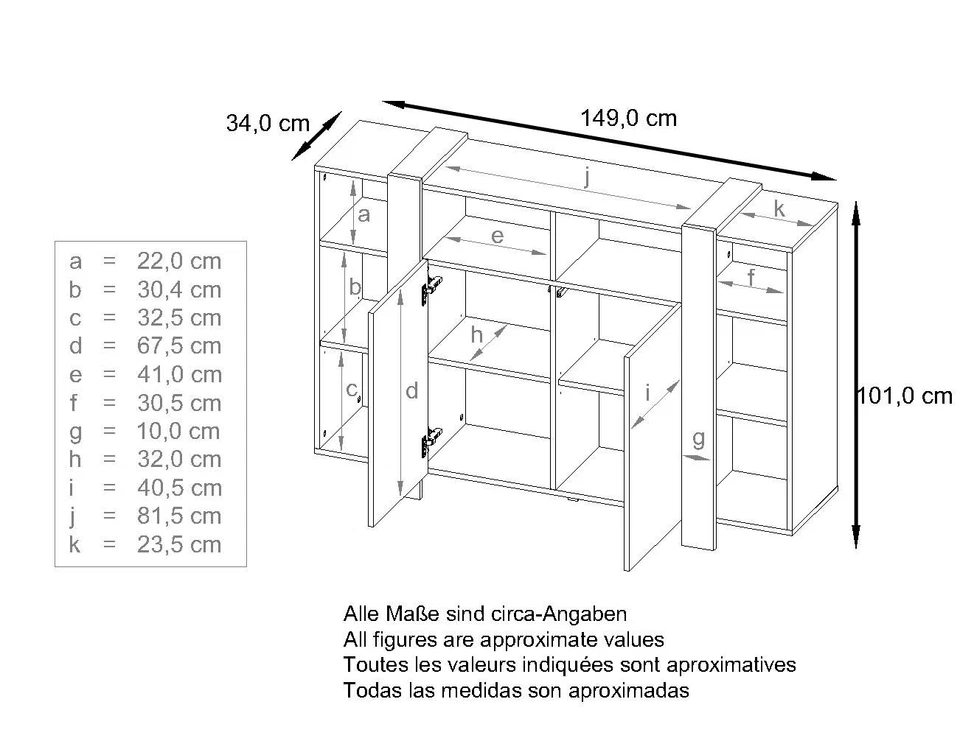 Highboard Kommode Sideboard Anrichte Buffet Wohnzimmer Schrank Ida V1 in Weiß - Bild 2 von 4