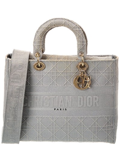 Dior Gray Canvas Embroidered Cannage Leather Lady D-Lite (Authentic Pre-Loved)