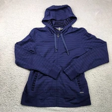Smartwool Hanging Lake Hoodie Womens XL Blue/Black Striped Merino Wool Full Zip