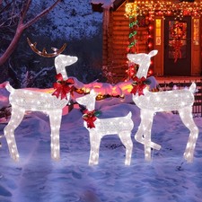 3-piece Lighted Christmas Reindeer Family Set w/ Red Bow Holiday Decor for Yard