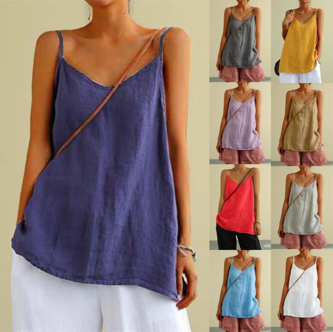 Women Cotton Linen Tank Top Ladies Summer Sleeveless Holiday T Shirt Casual Vest