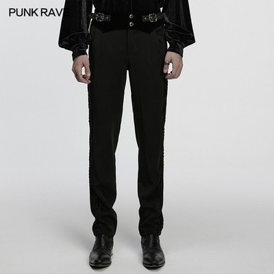 Punk Rave Men Black Retro Gothic Patchwork Trousers Slim Fit Casual Pants