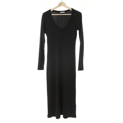 NWOT James Perse Rib Knit Stretch V-Neck Midi Dress 3/L Black Cotton Long Sleeve