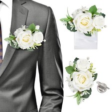2 Pcs White Pocket Boutonniere for Men, Artificial Rose Flower Boutonnieres G...
