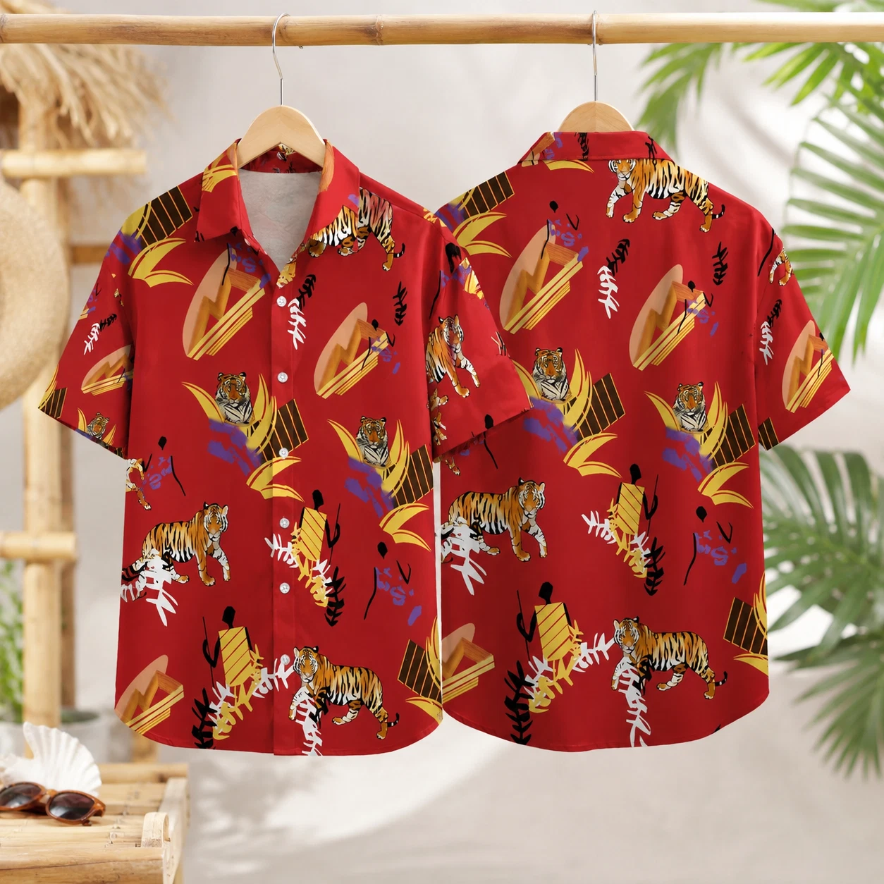 Red Tiger Hawaiian Shirt Men Tropical Printed Summer Vacation Casual Button Down