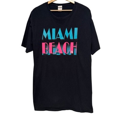 VTG 80s Miami Beach Florida L/XL Black T-Shirt with Neon Graphic Miami Vice