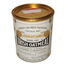 Vintage John McCann's Steel Cut Irish Oatmeal Round Tin Can 5.25" Tall Empty