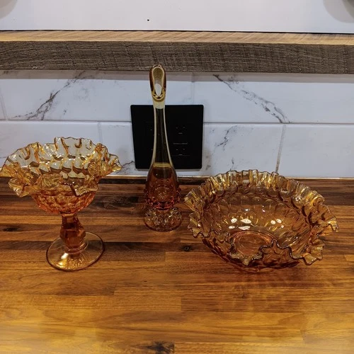 Vintage Lot Of 3 FENTON  Amber Glass Vase,Candy Dish & Bowl Hobnail/Ruffled