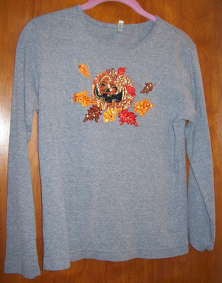 White Stag Long Sleeve Embroidered Halloween T-Shirt ~ Pumpkin & Leaves ~ size S