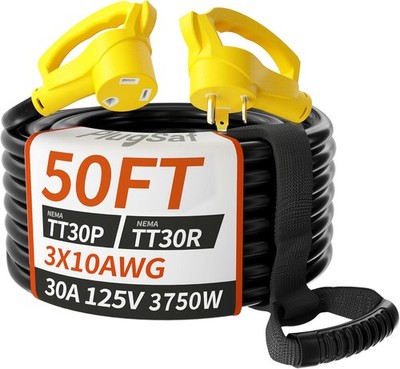 PlugSaf 50FT 30 Amp RV Extension Cord 10/3 STW NEMA TT-30P TT-30R Heavy Duty