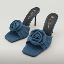 Denim Rose Mule Heels | Elegant Stiletto High Heels