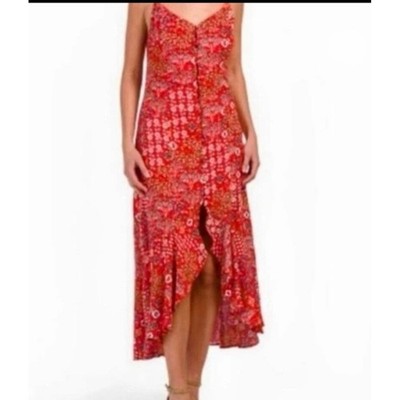 Abel the Label Anthropologie Red Floral Boho High Low Midi Dress Vacation Beach