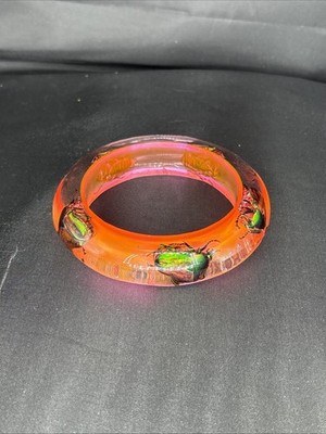 Clear Vibrant Pink Vtg Beetle Bracelet Translucent Resin, Lrg,1960s, NOS