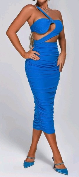 OH POLLY sz XS 6 EVOLVING ASYMMETRI CUT OUT MIDI DRESS Blue Bodycon Bandage #5