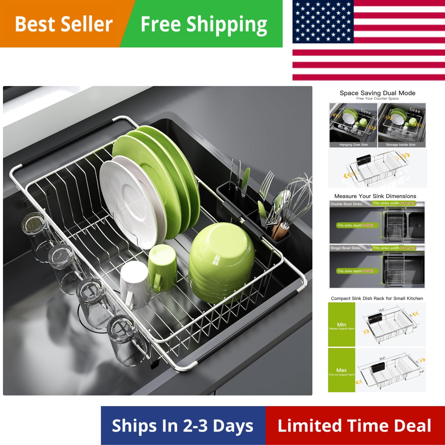 Dish Drying Rack in Sink, Expandable Stainless Steel Dish Drainers for Kitche...