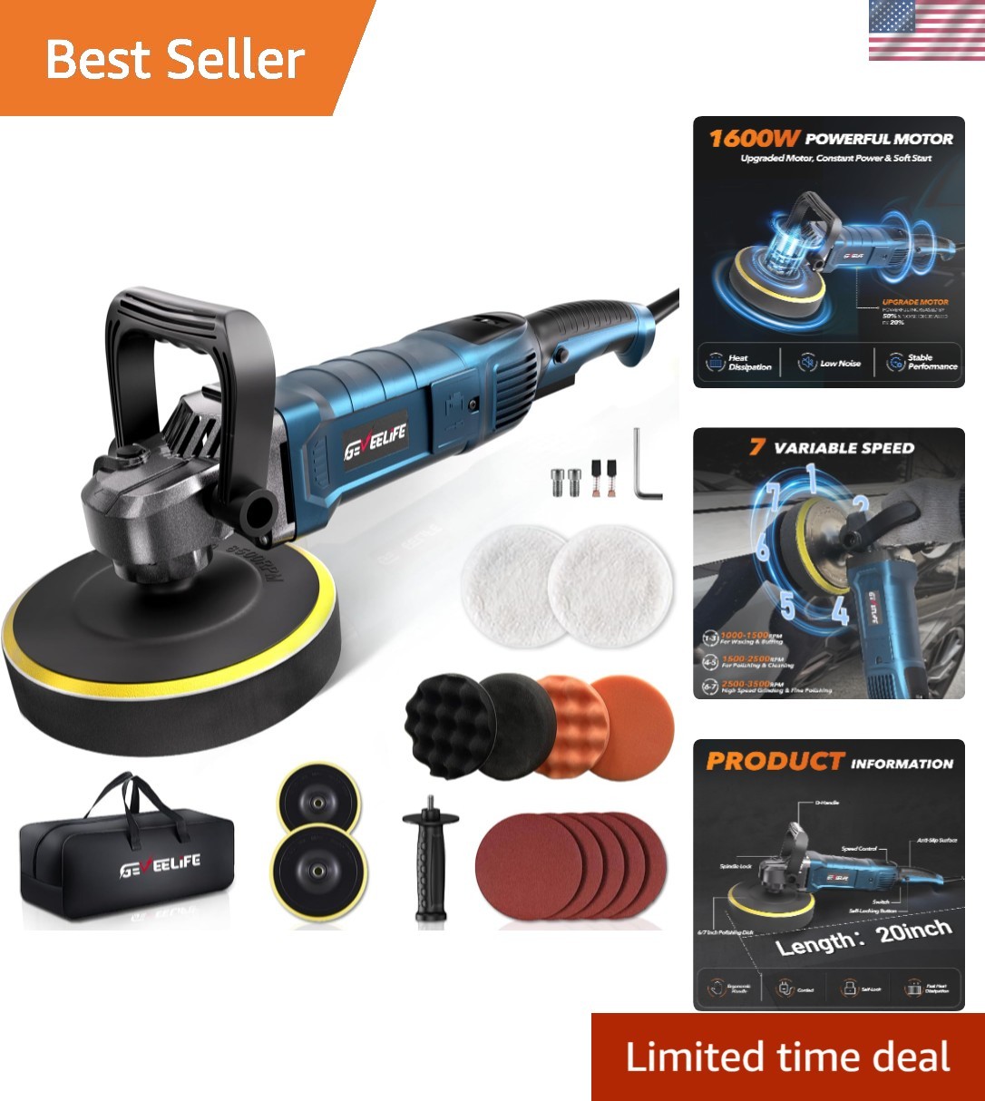 Compact 1600W Buffer Polisher with Detachable Handle - Ideal for All Surfaces