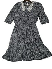 VTG Abstract Midi Prairie Dress Sz Large Black White Lace Collar 3/4 Sleeve READ