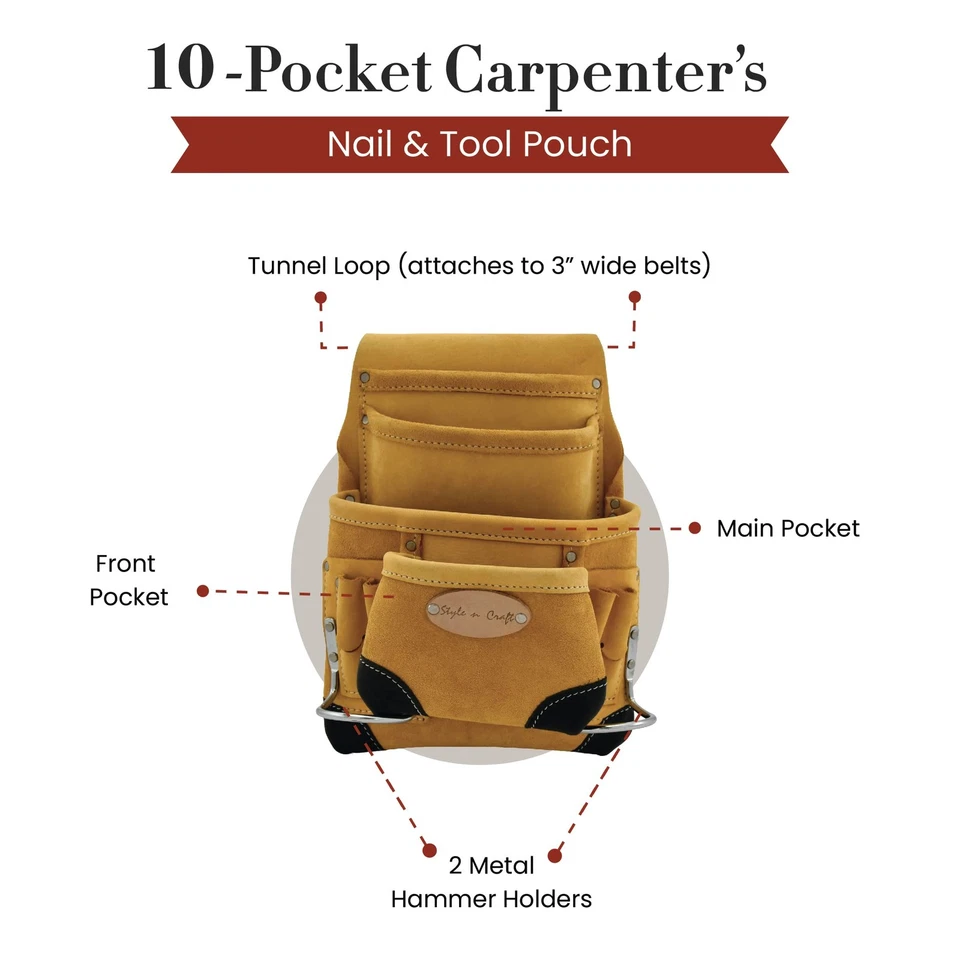 10-Pocket Carpenter’s Nail & Tool Pouch, Heavy-Duty Leather Tool Pouch, Perfe... - Image 3 of 4