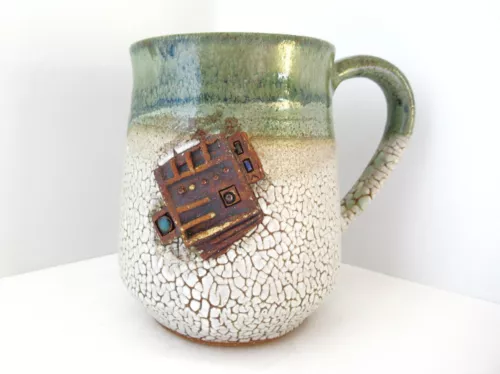 Studio Art Pottery Textured Mug Abstract Square Medallion Signed Winard Glazed
