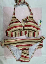 Victoria Swimwear Beige Red Stripe Halter Tie Bikini 2 Pc Swim Set Swimsuit S