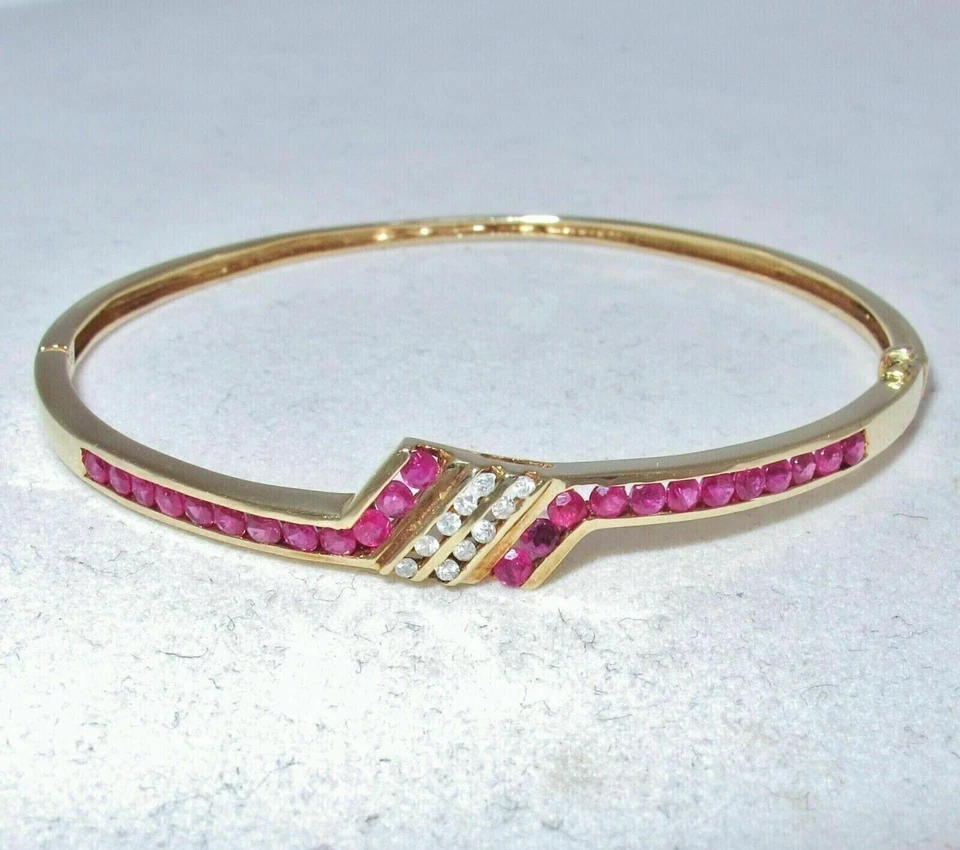 5Ct Round Cut Lab Created Ruby Delicate Bangle Bracelet 14K Yellow Gold Plated - Image 3 of 4