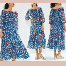 NWT Sachin Babi 8 Mosaic Off The Shoulder Midi Dress Blue White Red J1674