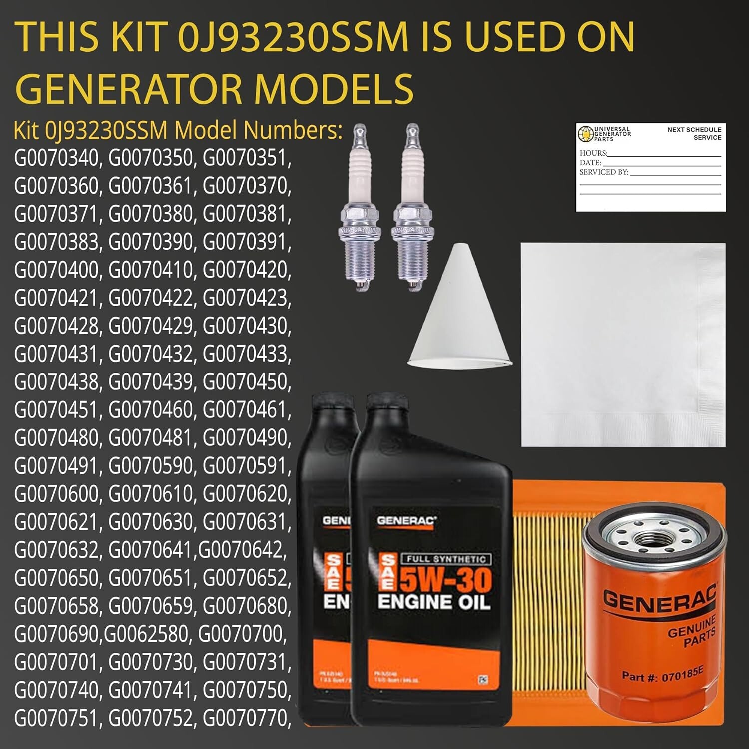 Generac Generator Maintenance Kit 0J93230SSM 10kW-26kW 5W-30 Synthetic Oil