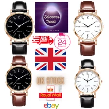 Mens Watch.. Ultra Thin Black & Silver Business Watch Leather Strap Quartz UK