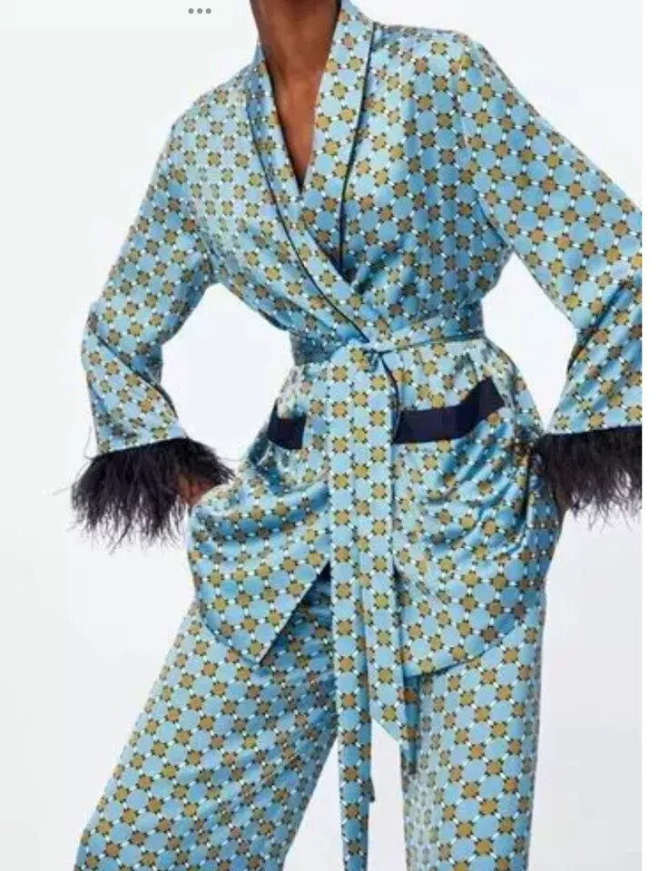 Zara Geometric Satin Kimono Soft Belted Blazer Jacket
