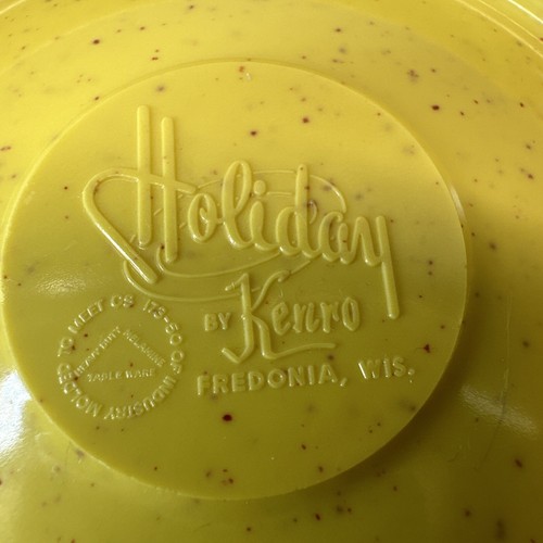 Vintage MCM Holiday By Kenro Confetti Yellow Divided Bowl Round Dish W/Holder - Picture 7 of 10
