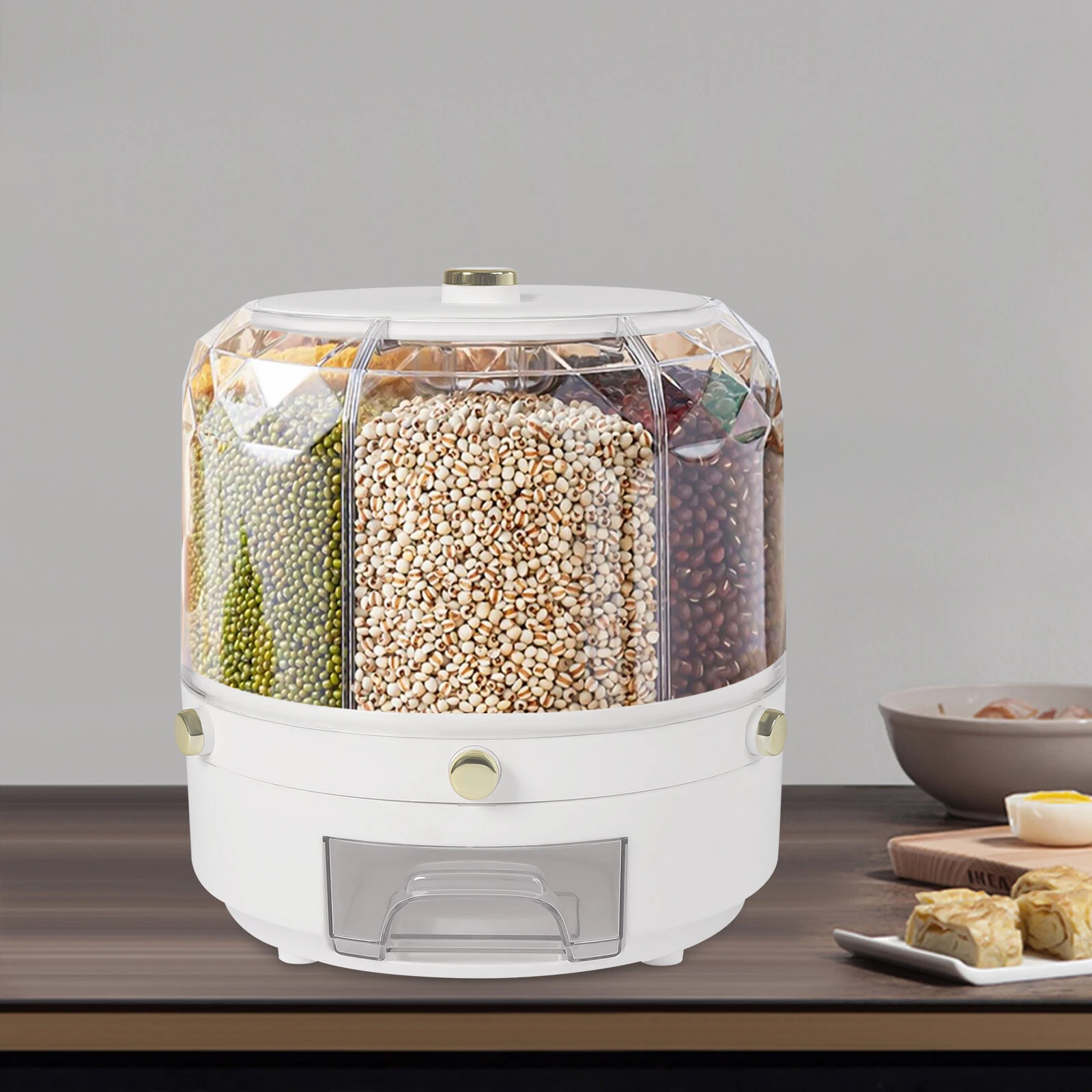 6 in 1 360?? Rotating Grain Cereal Dispenser Storage Box Kitchen Rice Container