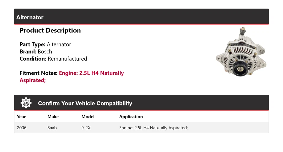 Alternador Bosch de aspiración natural Saab 9-2X 2006 2,5 L H4 (remanufacturado) Foto 2 de 4