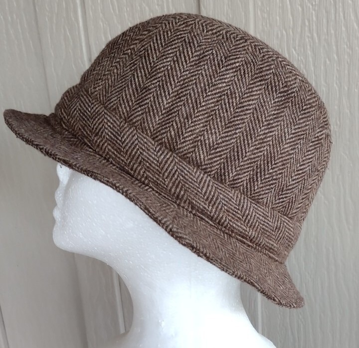 Mens Vintage Wool Tweed Bucket Hat Brown Beige Satin Liner