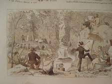 Gravure anglaise ancienne XIXe humoristique BD "Peintres à Barbizon"