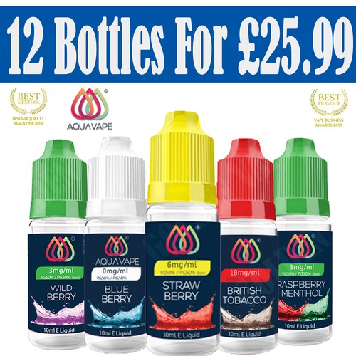 AQUA VAPE ELiquid Premium Vape Juice 50/50 Pack of 12 Bottles For £
