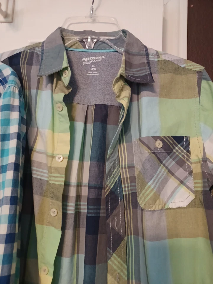 Lot Of 2 Boys Shirt Check N Plaid Button Up Blue Green XL 100% Cotton Full Sleev - Image 3 of 4