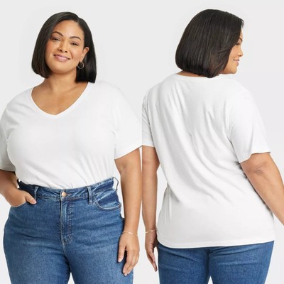 3X - Women's Short Sleeve V-Neck T-Shirt - Ava Viv - White