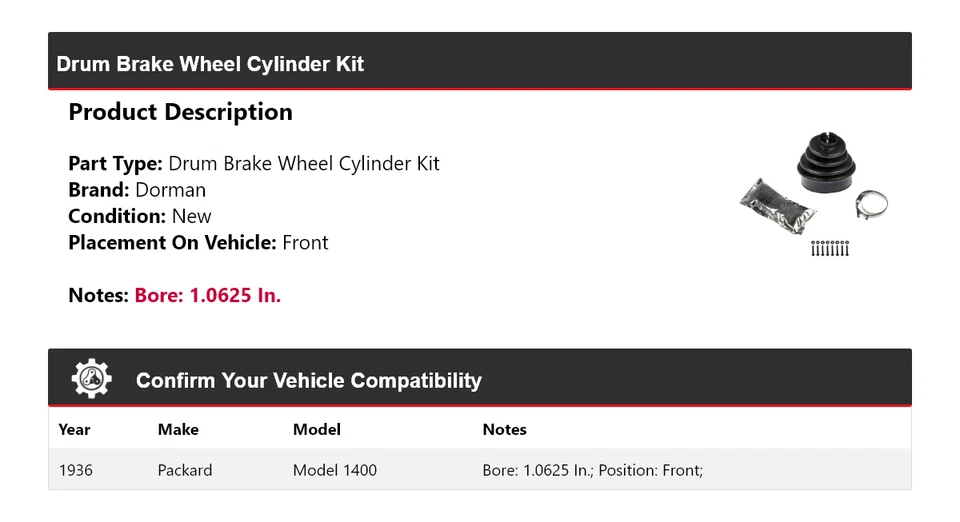 Kit de cilindro de rueda de freno de tambor delantero para Packard modelo 1400 Dorman 1936 Foto 2 de 4