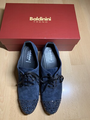 NEW Baldinini Trend Sz 39 Wedge Blue Sparkle Studded Lace Up Suede Leather