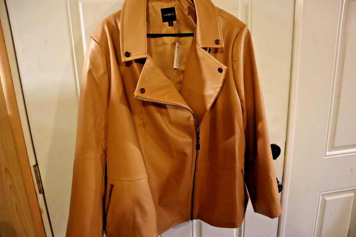 Lane Bryant Zip Up Faux Leather Moto JKT Tan Size 24 MSRP 119.95 Spring Beauty