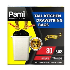 PAMI Tall 13-Gallon Kitchen Drawstring Trash Bags 80-Pack, Black - Extra-Stro...