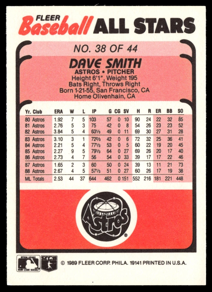 1989 Fleer Baseball All-Stars Dave Smith #38 Houston Astros - Image 2 of 2