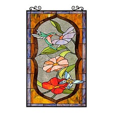 32.68" Tiffany Style Stained Glass Window Panel Poppy  Hummingbird