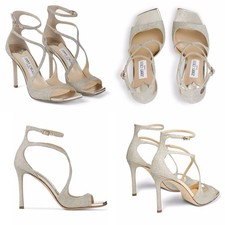 Jimmy Choo Womens 40 Azia 95 Platinum Ice Dusty Glitter Sandals EUC 950