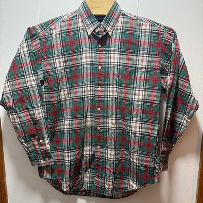 #ad Polo Ralph Lauren Blaire Mens Medium Plaid Button Down Shirt Green Red Cotton $19.99