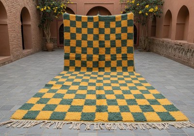 Luxury Moroccan Berber Beni Ourain Wool Rug Color Green and Mustard Yellow