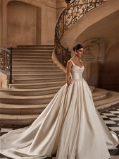 Stain Wedding Dress Spaghetti Strap Shining Pearl Floor-length Party Bridal Gown