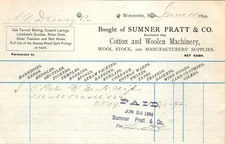 Sumner Pratt & Co 1894 Invoice Jute Clips Textile Mill Supply Catalog Worcester