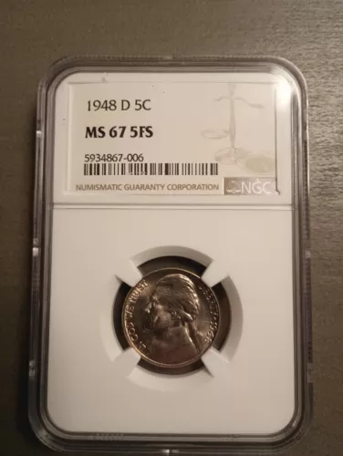 1948-D JEFFERSON NICKEL 5 FULL STEPS SUPER GEM NGC MS67 5FS!
