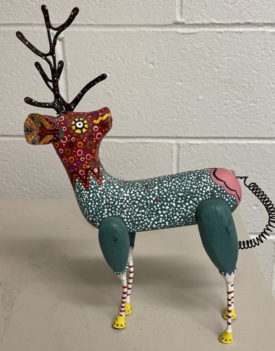 Folk Art Deer Multi Colored Figurine Wood Carving Metal 7 Inch wide - Picture 3 of 4